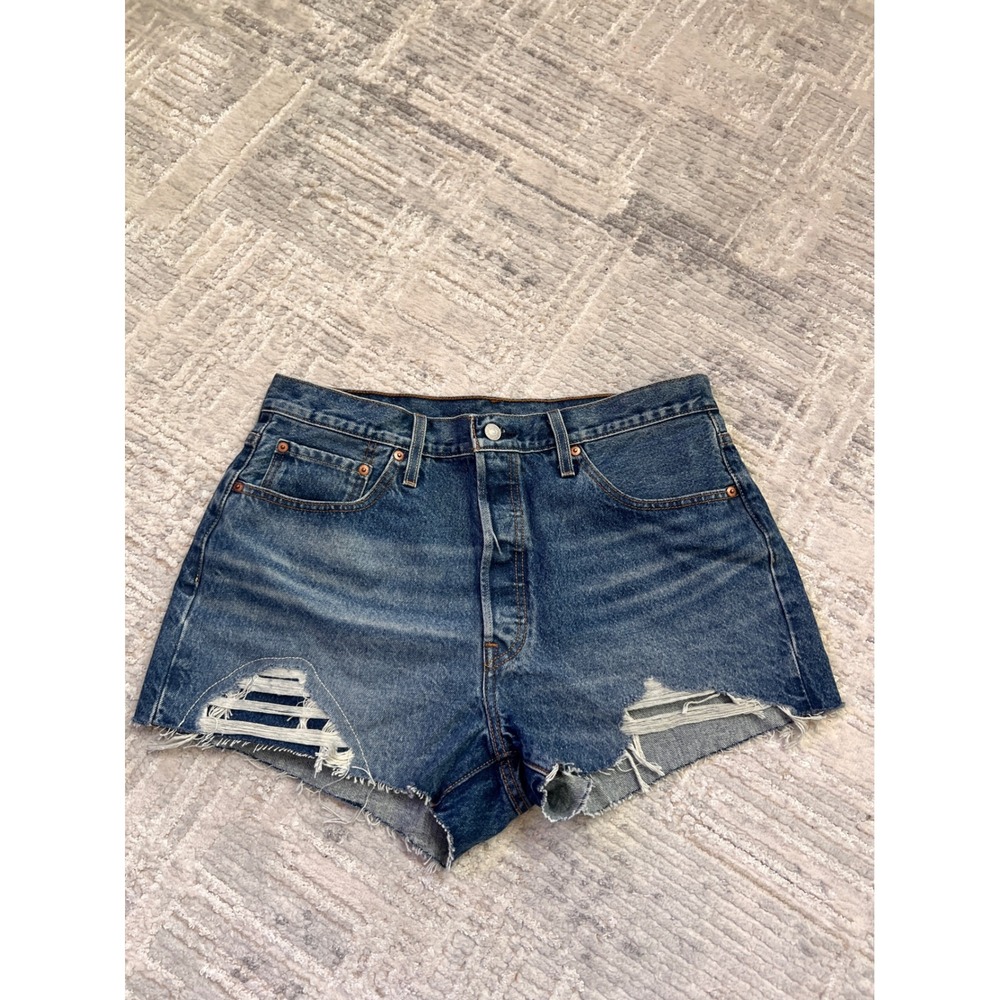 Levi's 501 Distressed Denim Shorts Women's Size‎ 33 Blue Ripped Cutoff